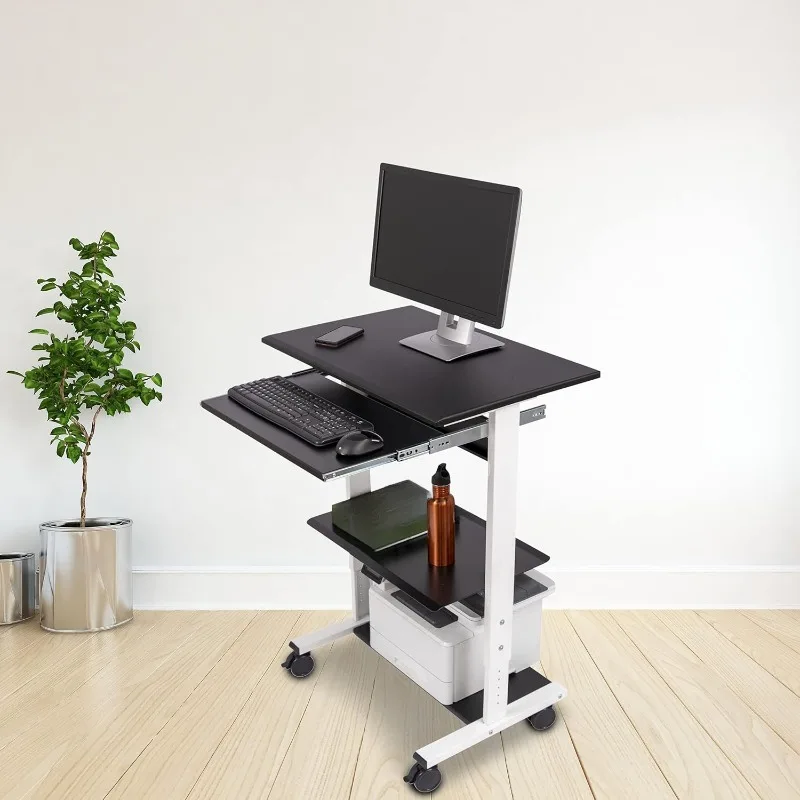 Rolling Adjustable Height Standing Workstation with Printer Shelf and Slideout Keyboard Tray (White Frame/Black Top, 30