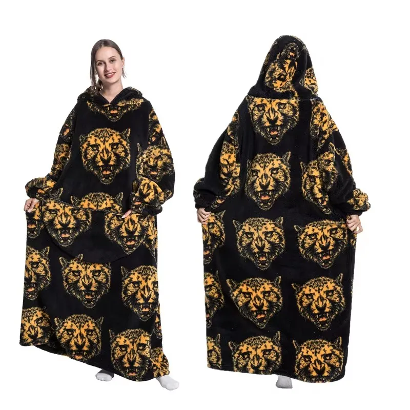 Luxury Winter Oversized Hoodies Sweatshirt Cartoon Dinosaur Panda Super Warm Long Hooded Blanket Flannel Lazy TV Blanket Pajamas