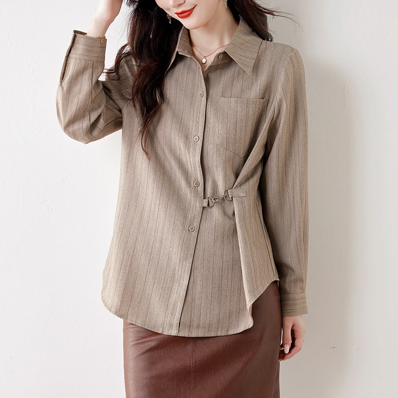 Camicetta da donna a righe manica lunga vestibilità ampia camicia stile francese con cravatta in vita top da donna streetwear moda