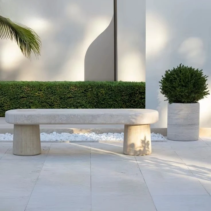 Modern Handcrafted Solid Surface Natural Travertine Stone Outdoor Bench for Hotel Villa Garden