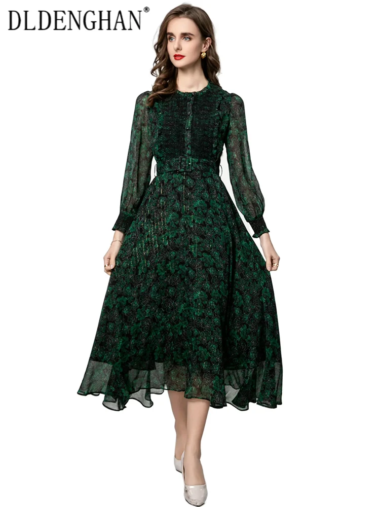 

DLDENGHAN Women's O-Neck Lantern Sleeve Sashes Flowers Print Vintage Single Breasted Dresses Fashion Spring New
