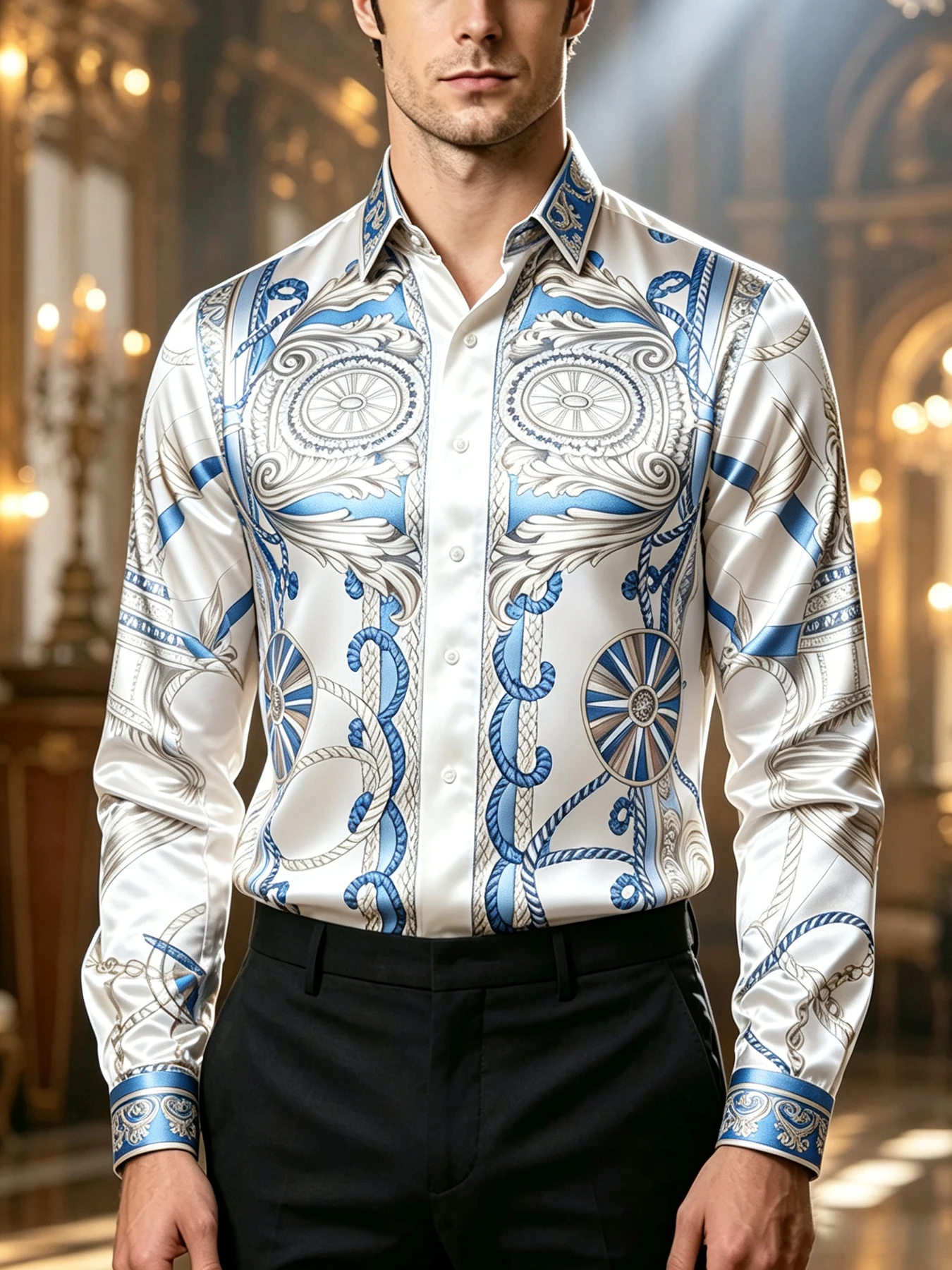Men's Light Luxury Satin-feel Polyester Smooth Fabric Shirt Long Sleeve Collar Baroque Print Shirt Vacation Leisure Men's Gift
