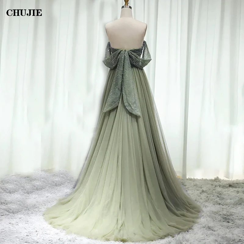 Sequins Sage Color Prom Dresses for Women Handmade A Line Luxury Tulle Woman Party Dress Elegant Evening Celebrity Robe Gowns