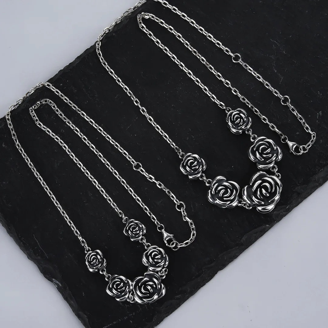 Hohe Qualität Retro Rose Blume Thai Silber Weibliche Halskette Schmuck Für Frauen Weihnachten Geschenke Kurze Ketten Nie Verblassen – Detail 7