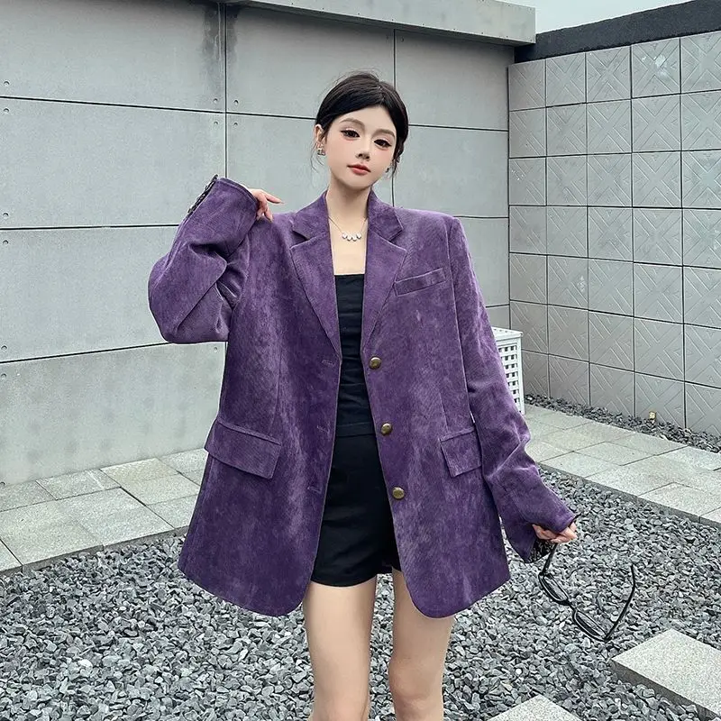 

Spring Autumn Women Suit Blazers Coat Retro Purple Corduroy New High-end Loose Shoulder Padded Suit