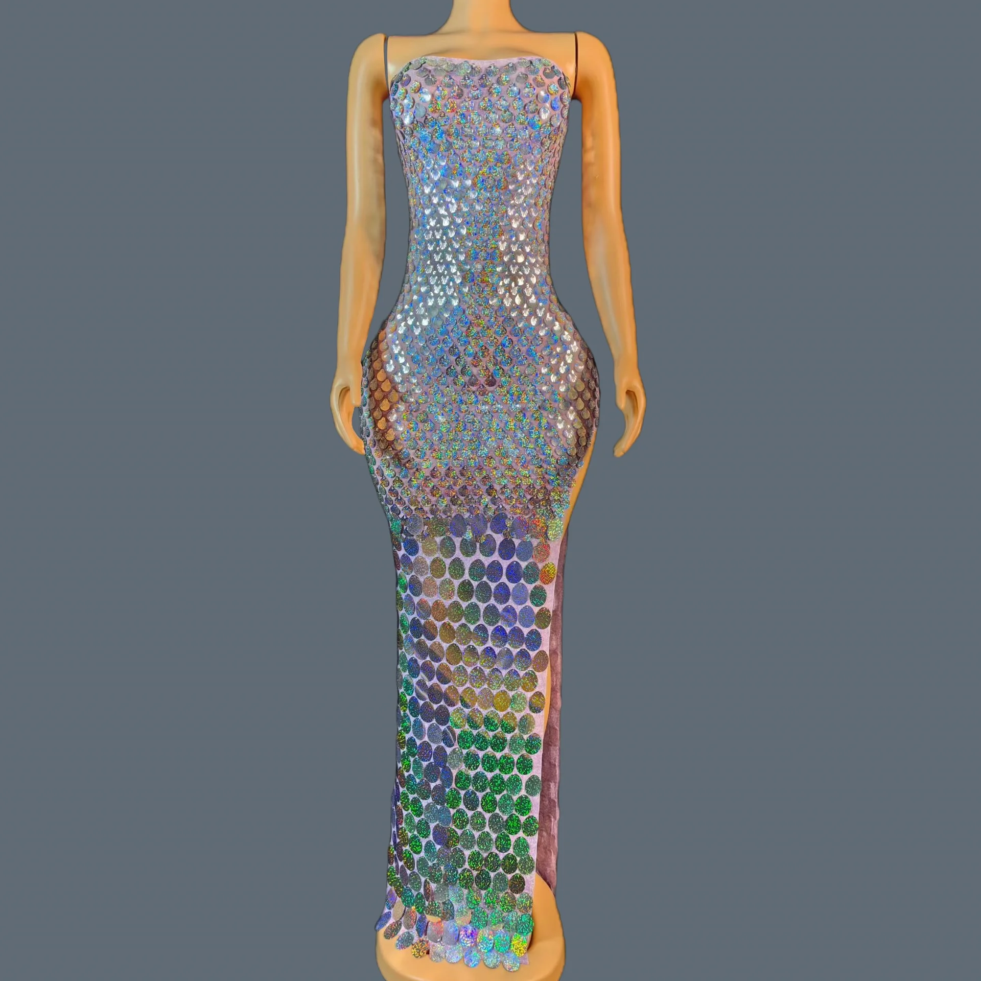 

Colorful Sequins Long Dress Streamer Theme Party Strapless Evening Dress Bar Elegant Glamorous High Side Slits Gown Beikemoxiong