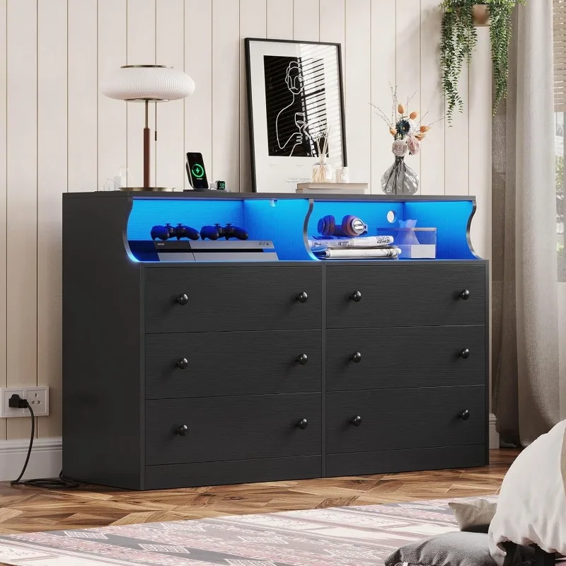 

LED Dresser for Bedroom, 6 Drawer Double Dresser with Charging Station, Chest of Drawers with Open Storage, Modern Storage