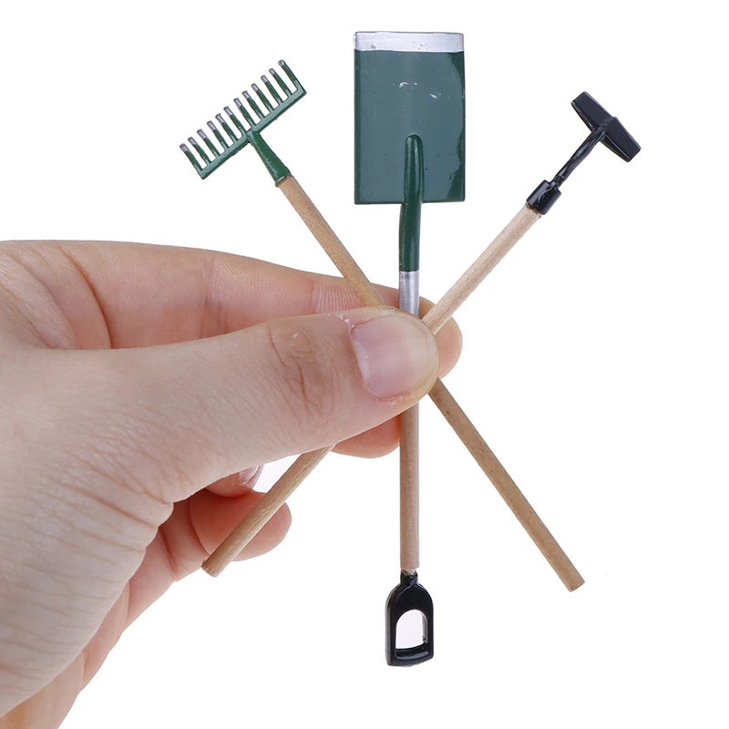 3psc/conjunto de ferramentas de ancinho de pá de jardim de metal para acessórios em miniatura de casa de bonecas