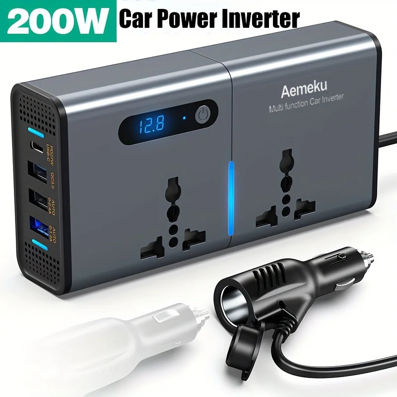 200W Car Power Inverter 12V/24V to 220V with Universal AC Outlet, PD 20W & QC3.0 USB Ports for Cars, Trucks, Boats Charging