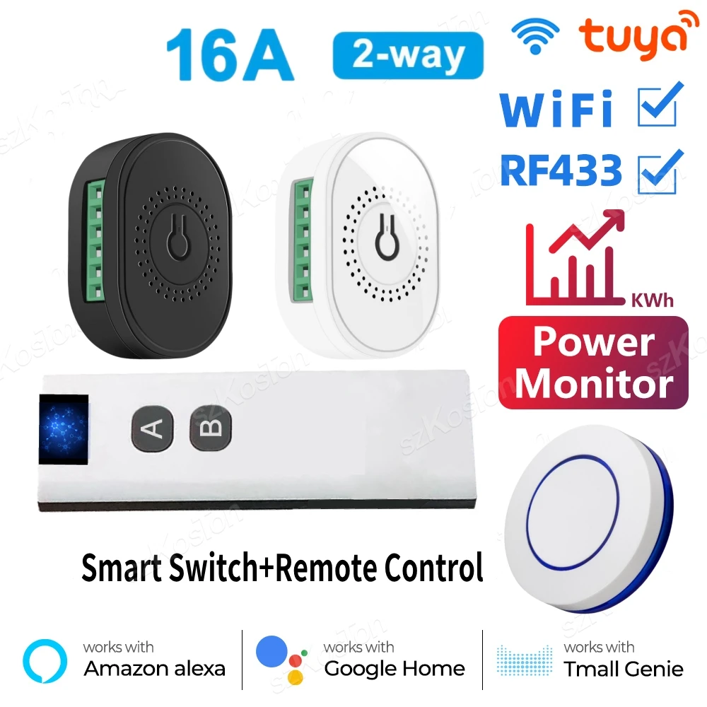 Tuya 16A RF433 WiFi Smart Switch with Power Monitor 2-Way Control Mini Breaker Relay Smart Life Voice Control for Alexa Google