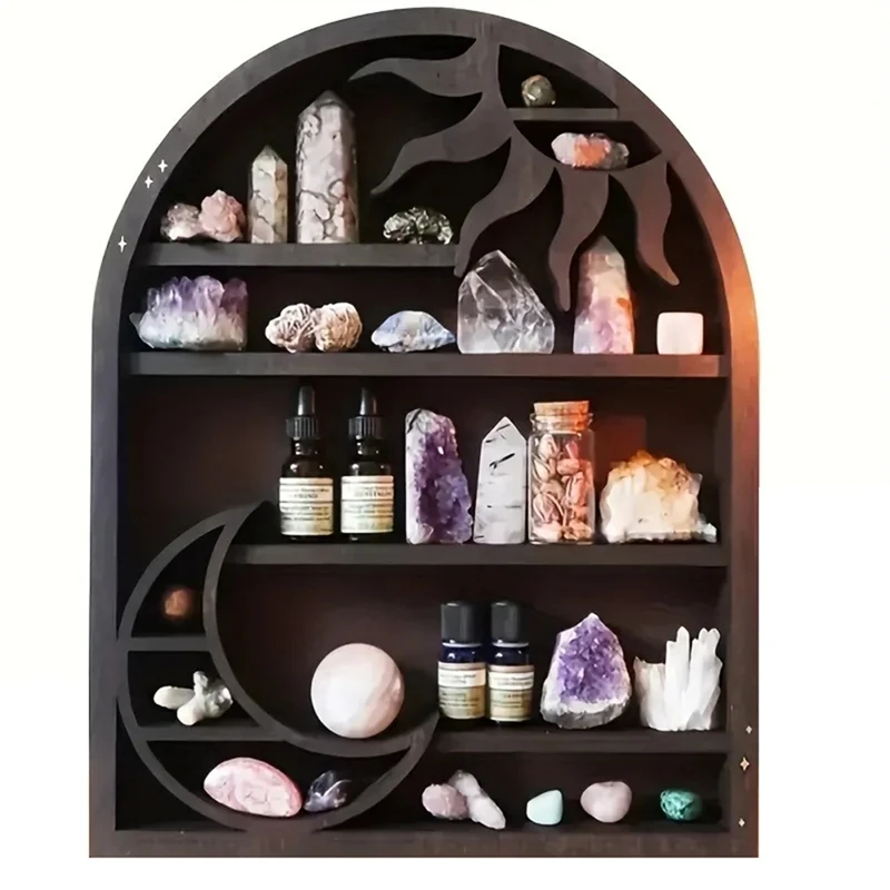 Wood Storage Shelf - Stylish And Practical Wall Shelf, Crescent Sun And Moon Crystal Shelf