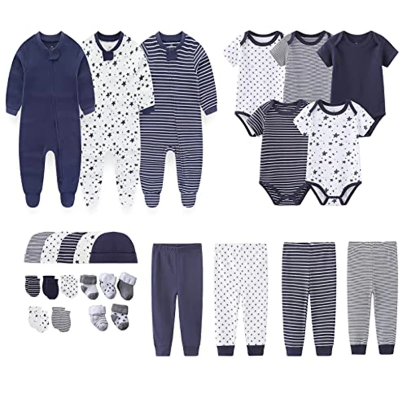 27 Pieces Newborn Baby Gift Set Bodysuits Cotton Baby Girl Clothes Solid Color Pants Baby Boy Clothes Print Accessories