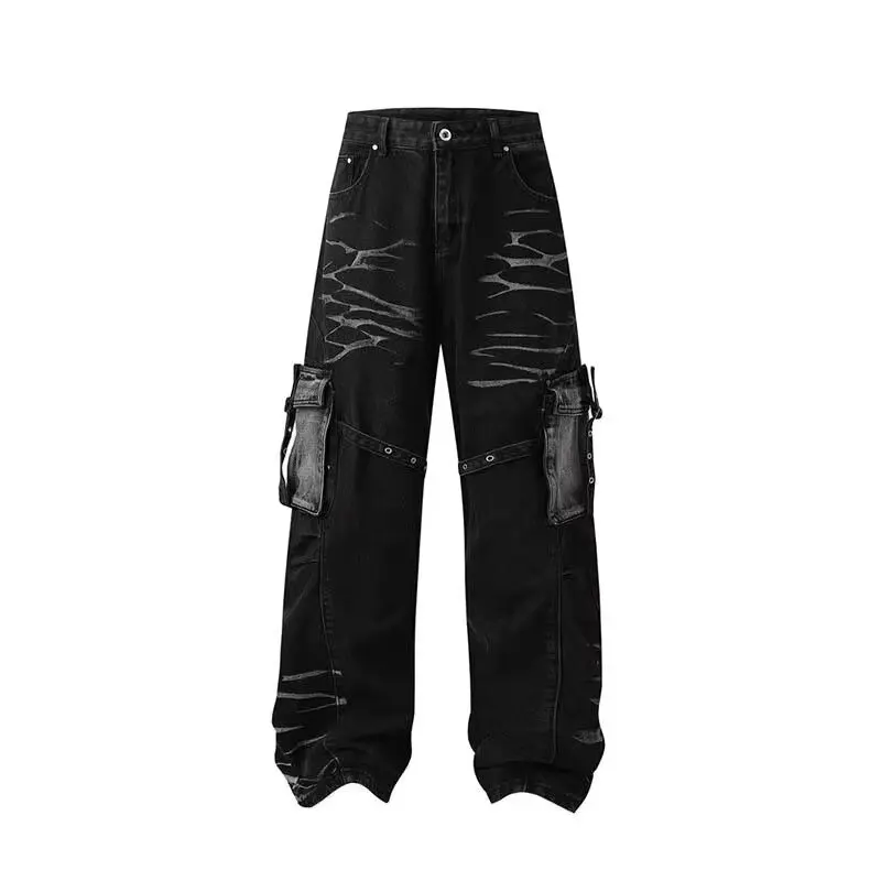 

Women's Black Wash Creased Old Jeans Vintage Gothic American Fashion Hip-Hop Street Loose High Street Wide-Leg Pants Work Pants