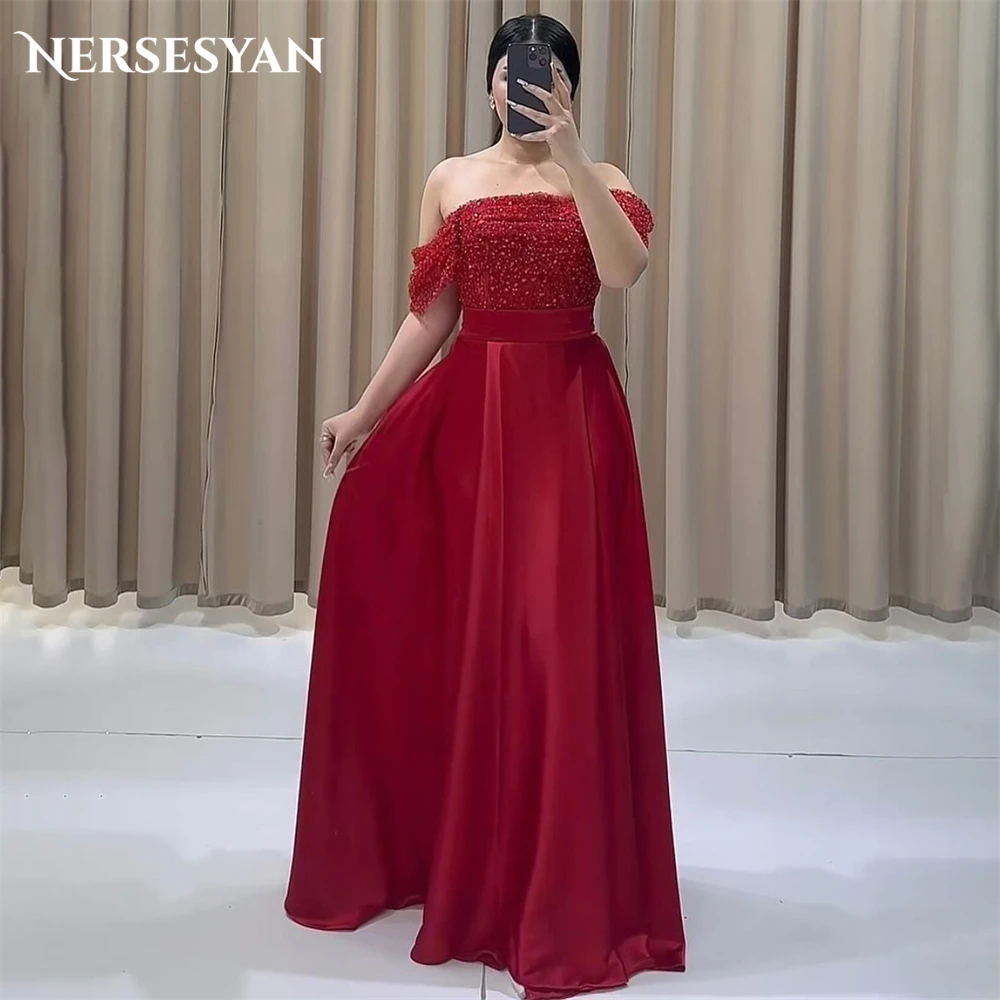 

Nersesyan Burgundy Glitter Formal Evening Dresses For Wedding Pleated Off Shoulder Sparkly Lace Prom Dress Wedding Party Gowns