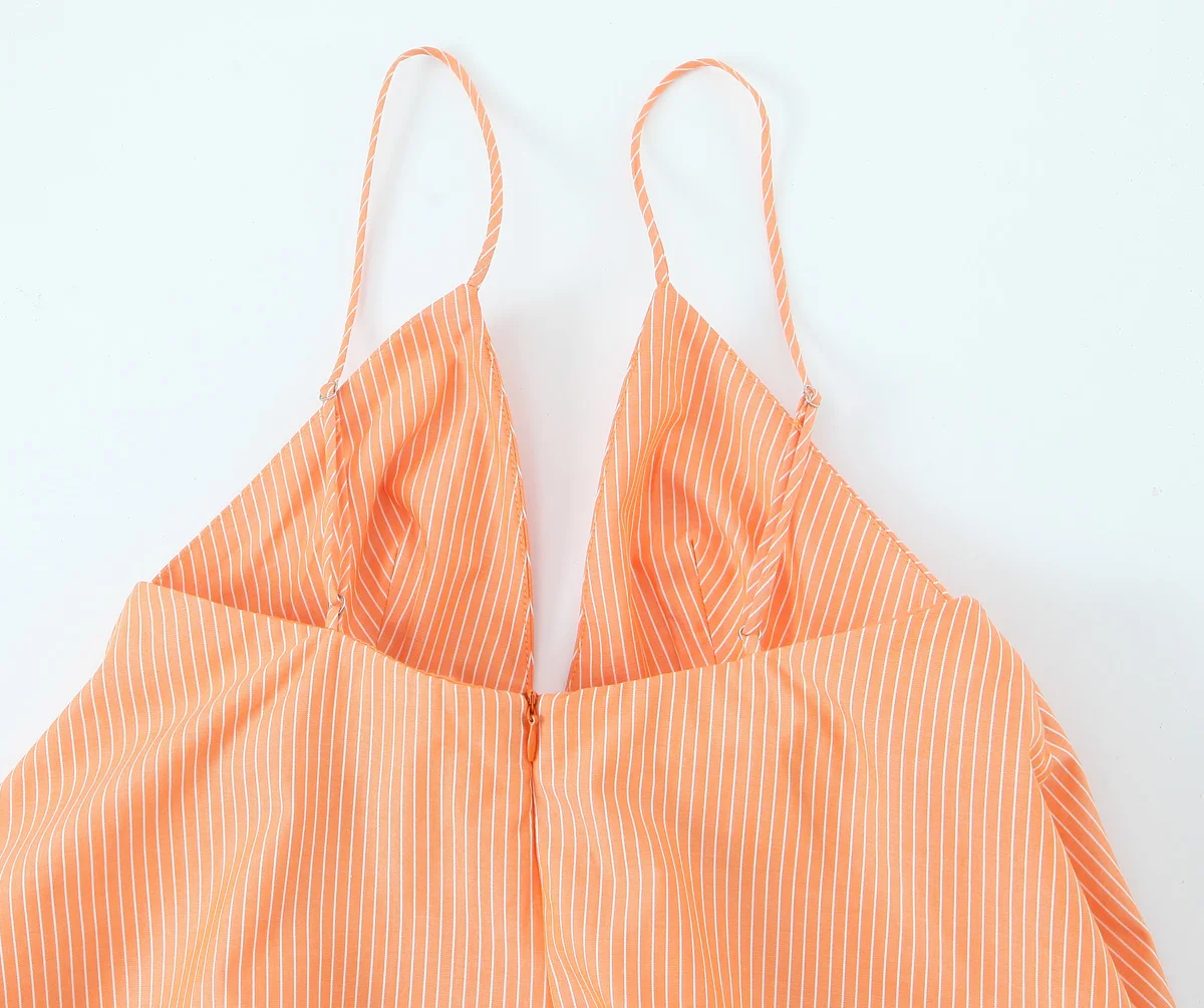 TRAFZA Women Sexy Camisole Dress Orange Strip V-Neck Mini Dress 2025 New Fashion Summer Holidays Beach Cute Short Dress