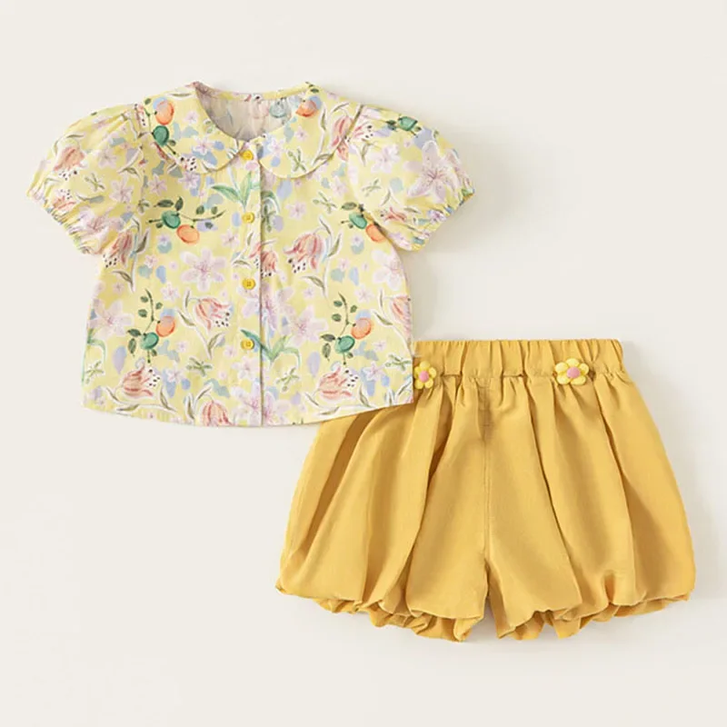 

Summer Children Clothes Girls Korean Cartoon Cute Flowers Doll Collar Short Sleeve Baby Tops+Shorts Kids Boutique Clothing B100