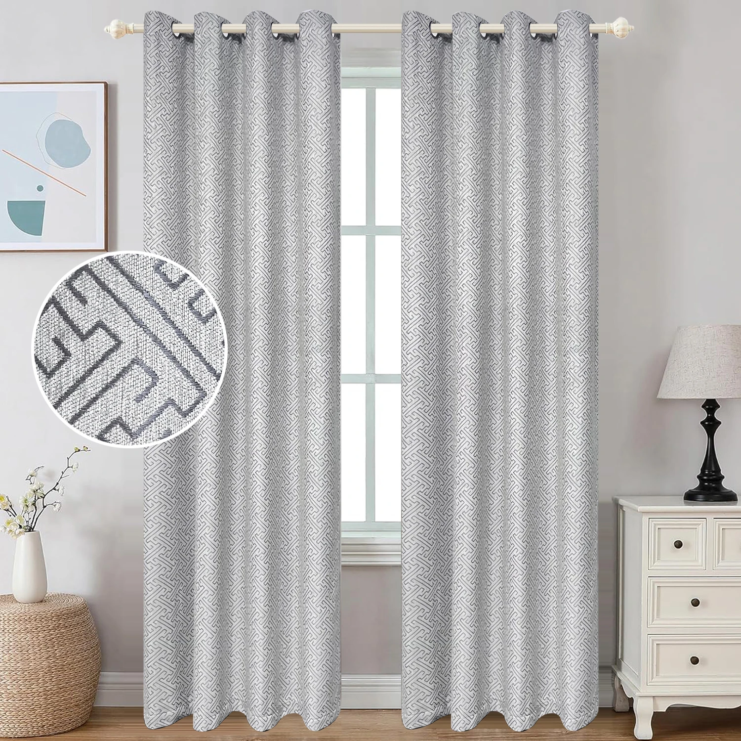 

1PC Chinese Geometric Chenille Grey Curtain for Living Room Luxury Thickened High-Shading Window Bedroom Drape Hotel Custom #E