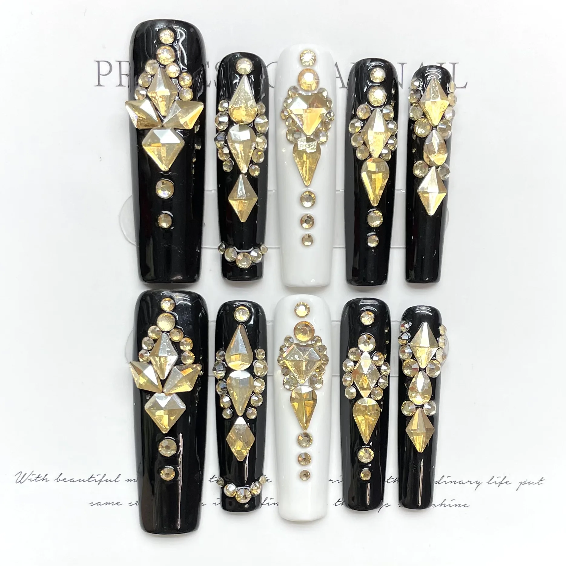 10Pcs Black Long Handmade Coffin Press on Nails Ballet Rhinestones Decoration False Nails Queen Full Cover Fake Nail Tips Art