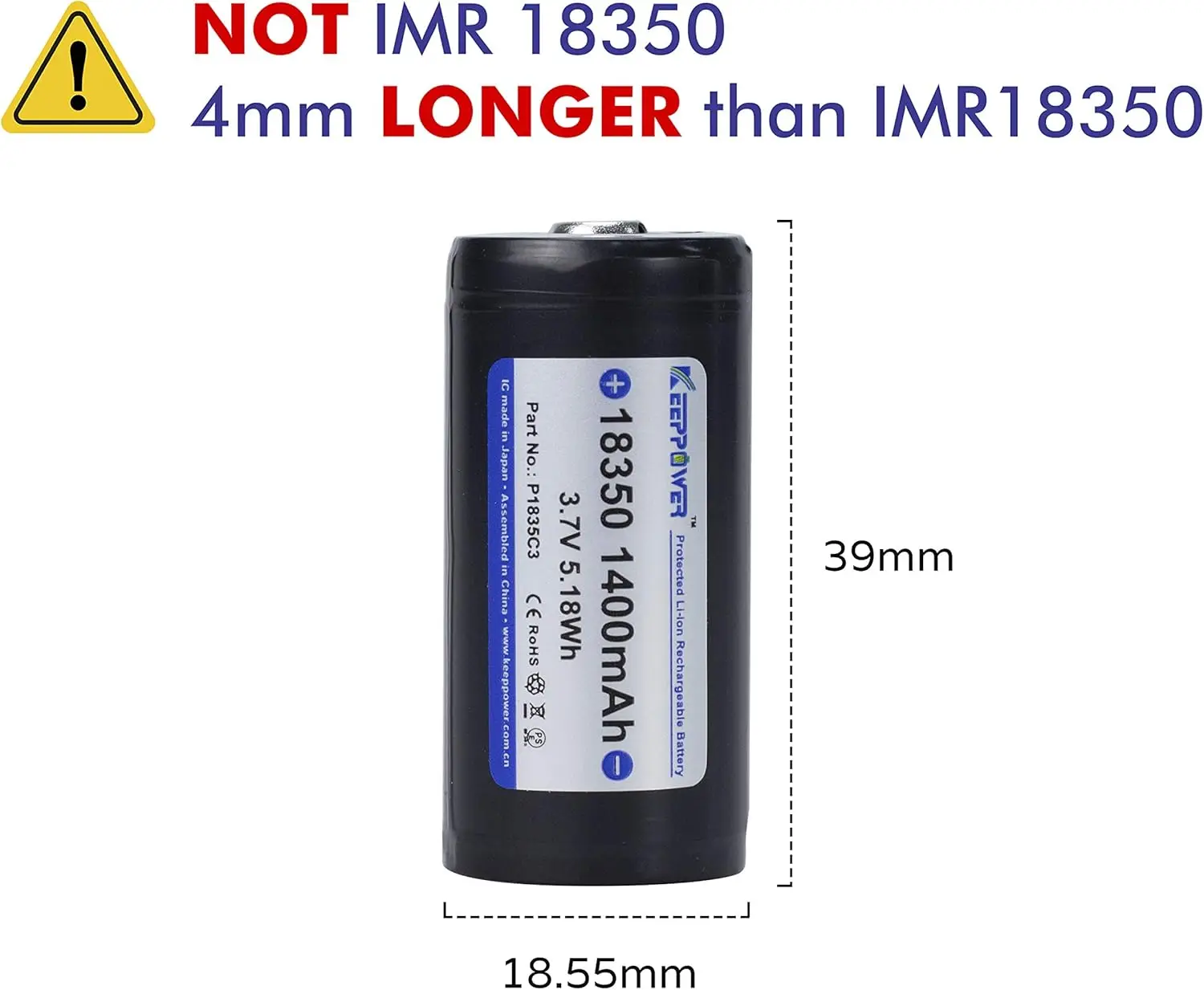 KeepPower P1835C3 18350 3.7V 1400mAh Protection Rechargeable Lithium Ion Battery for Flashlight