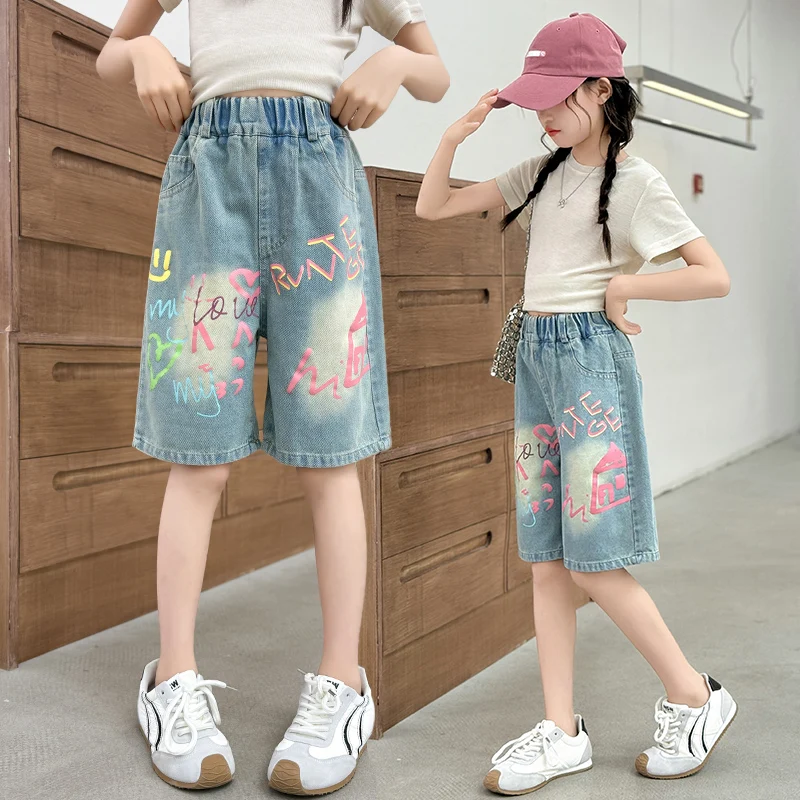 

Children Retro Blue Knee Length Street Fashion Jeans Capris 5-14 Y New Summer Kids Girl Letter Print Denim Shorts with Drawings