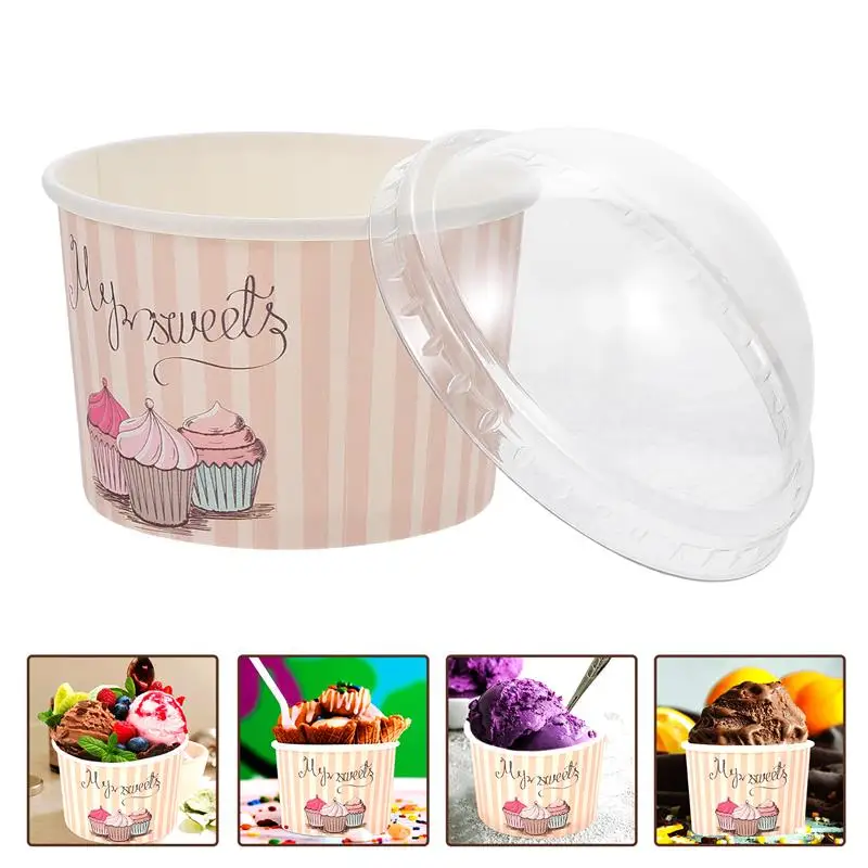 50 Sets Disposable Yogurt Bowl Paper Ice Cream Cups Bowls Lidded Cake Bowls Milk Pudding Cake Ice Cream Paper Cup With Cover