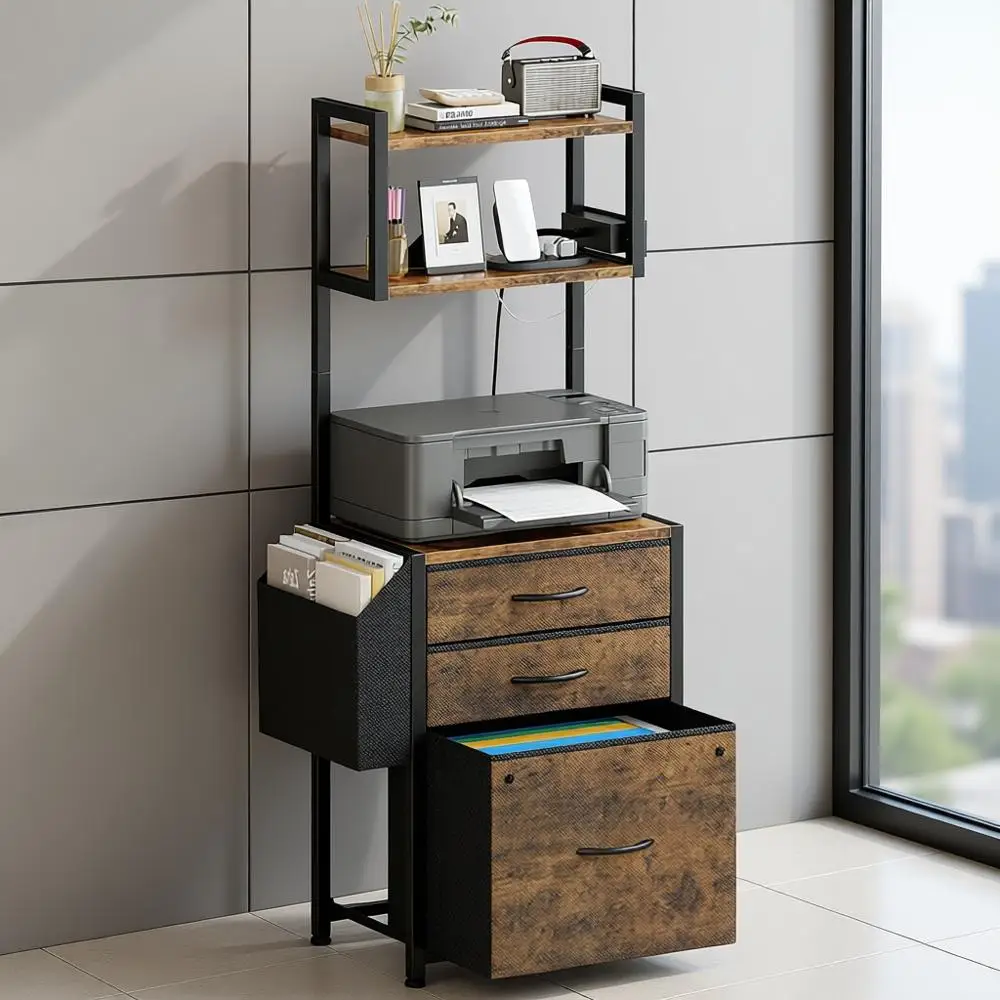 

3-Tier Charging Station Cabinet, 45'' High, for Home Office, Fits Printers, Letter/A4 Size, Rustic Brown Finish