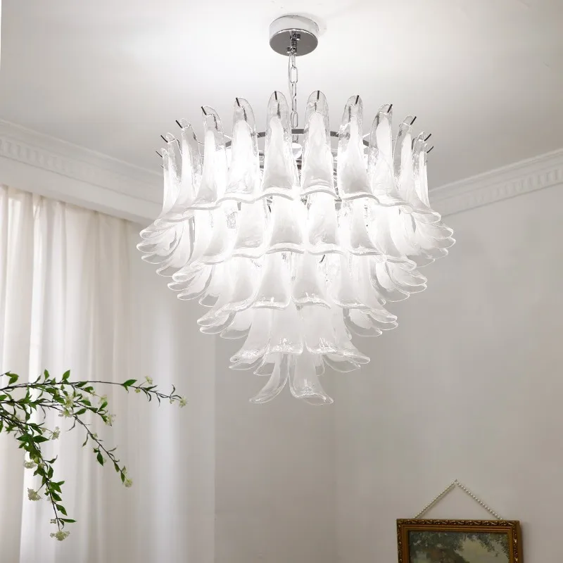 Nordic Vintage Milk White Petal Crystal Glass for Living Dining Table Room Bedroom Art Home Design Chain Hanging Light Fixture