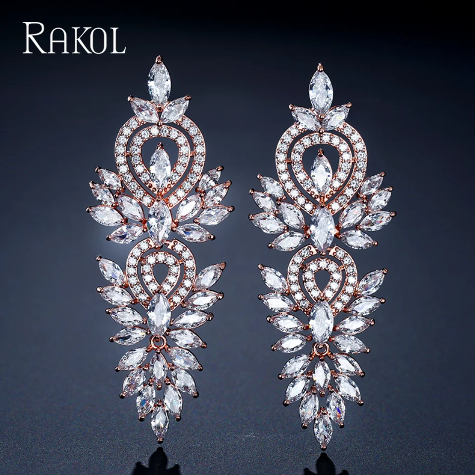 RAKOL Luxury Long Dangle Earring for Women Sophisticated Cubic Zirconia Crystal Jewelry Bridal Wedding Party Dress Accessories