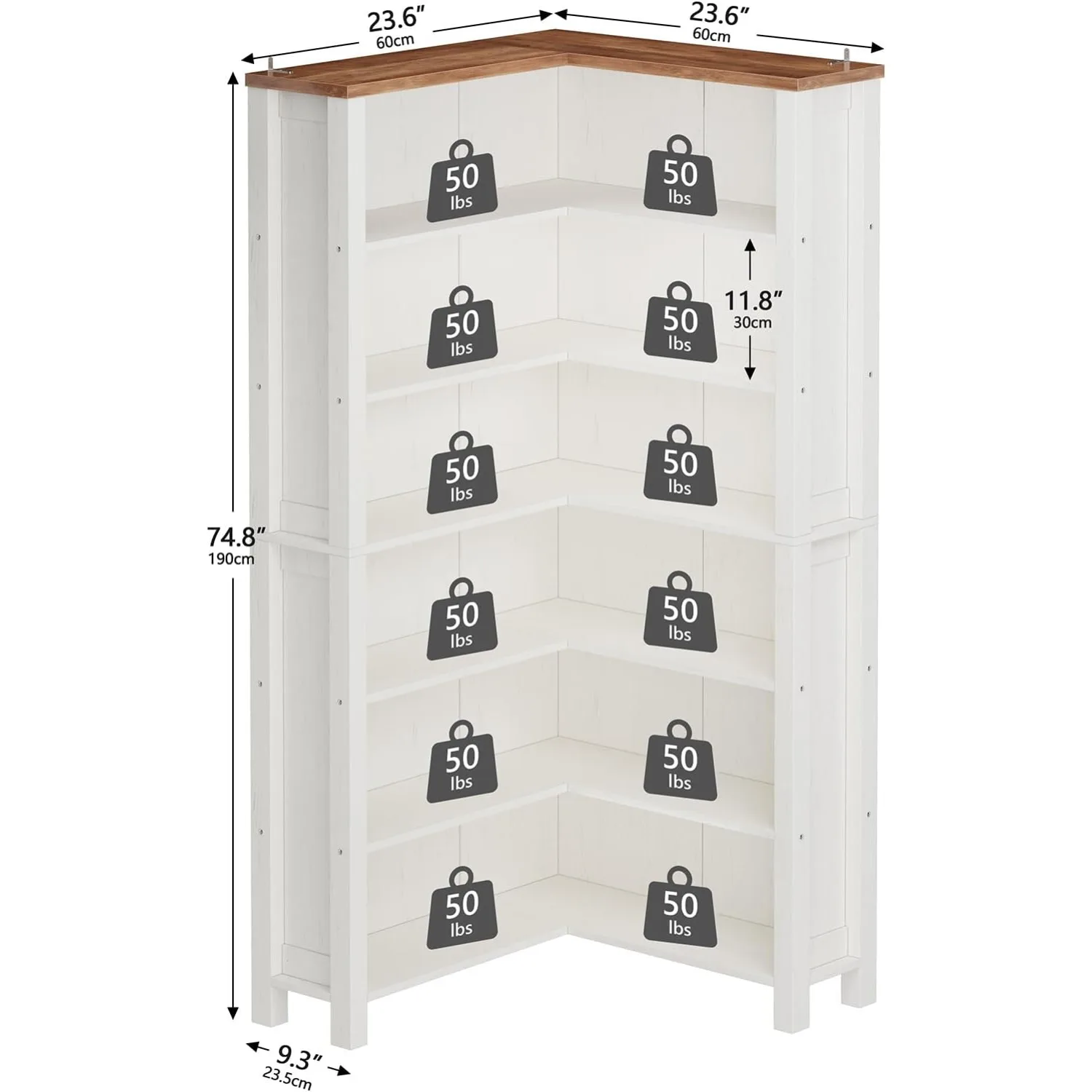 Corner Book Shelf, 6 Tier 75 Inch Tall Bookshelf with Storage, Floor Standing Display Book Shelf for Living Room, Kitchen, Home Office, White and Brown