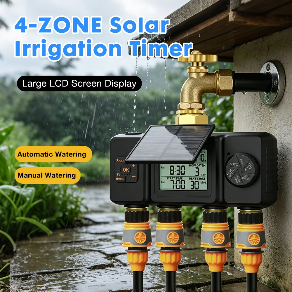 Outdoor Solar Irrigation Timer 4-Zone Automatic Watering System Programmable Timed Sprinkler Irrigation Controller Rain Delay