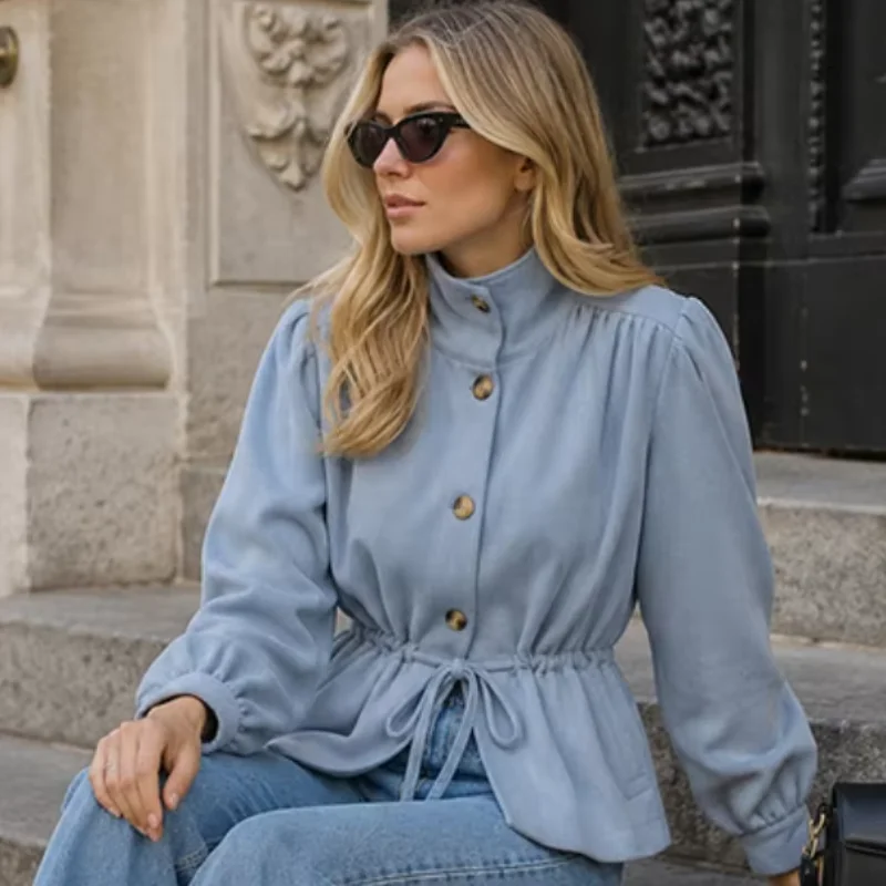 Elegant Lady Waist Slim Coat Stand Collar Single-breasted Puff Sleeves Jacket 2026 NEW Fall Casual Daily Commute Chic Outerwear