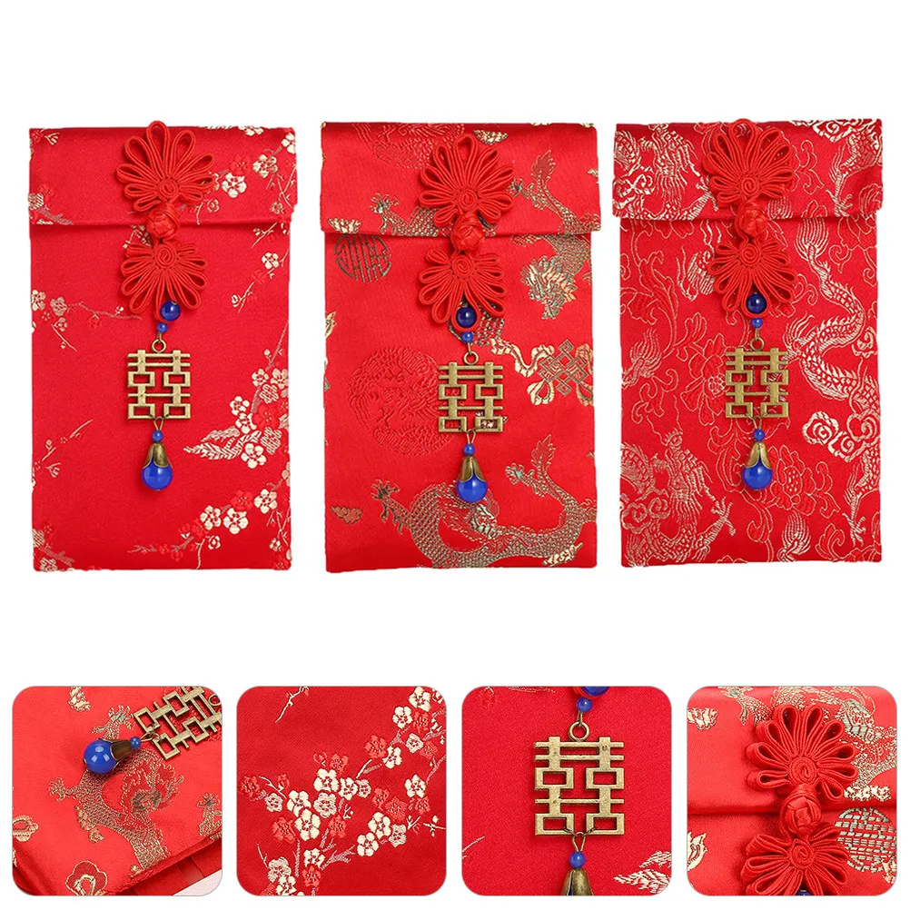 

3Pcs Embroidered Red Envelopes Chinese Style Spring Red Packets Money Bags for New Year Wedding Festival Greeting Cards