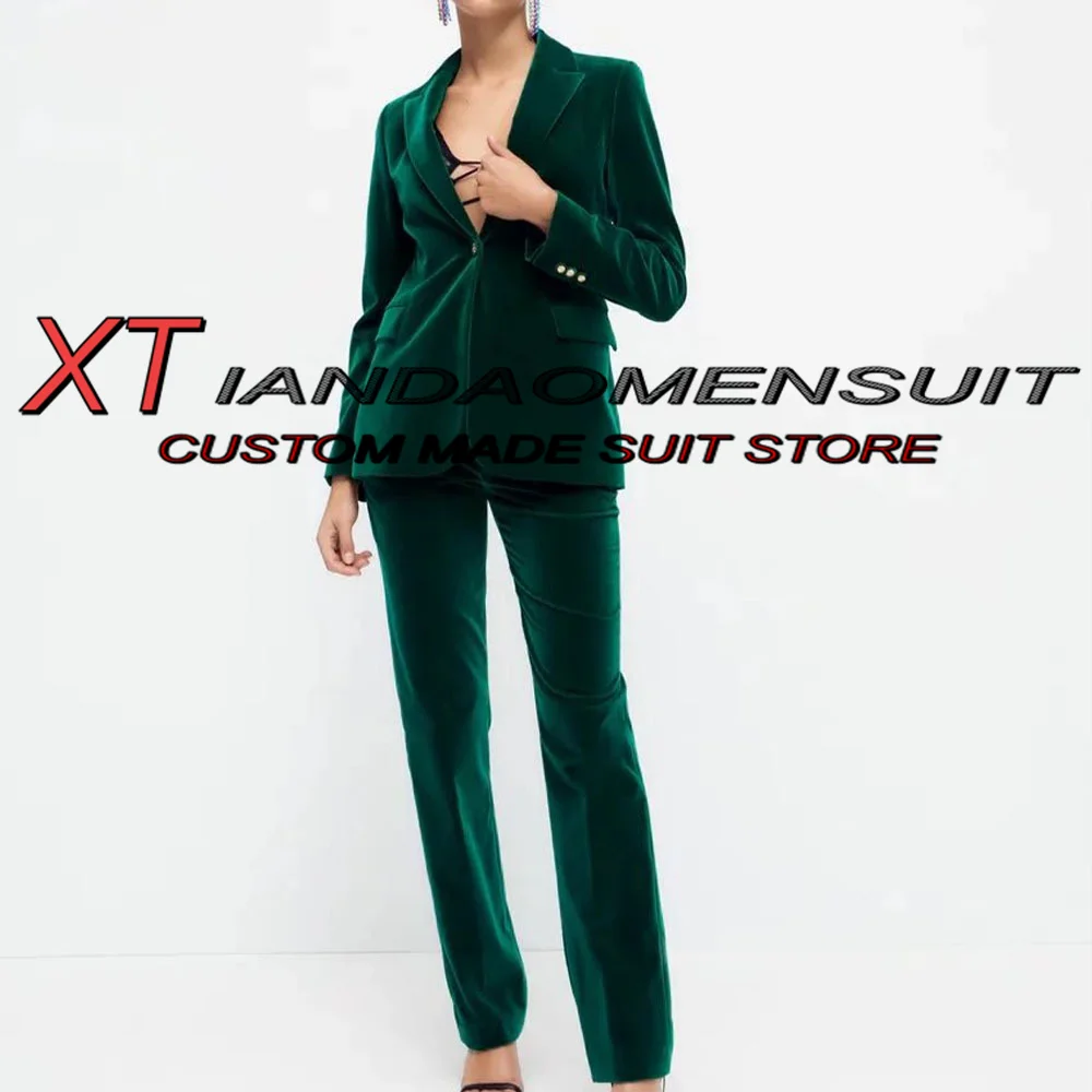 Velvet Women's Suit 2 Piece Dark Green Office Formal Workwear Lady Jacket Set Wedding Blazer Pants 	 ensemble femme 2 pièces