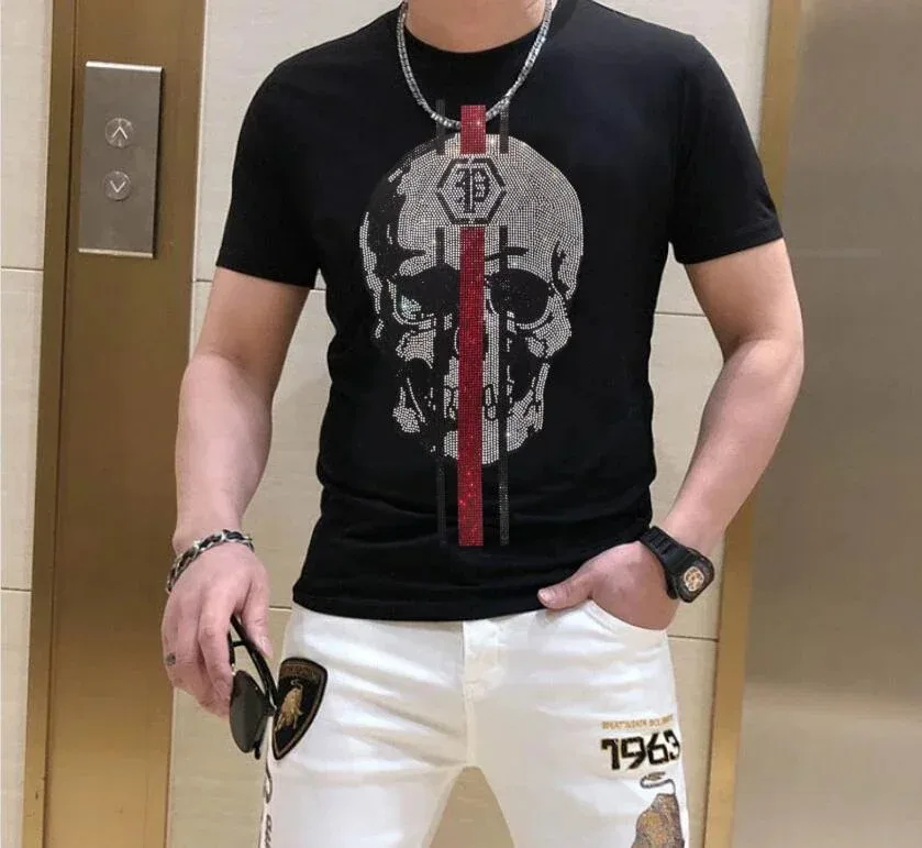 Summer 2024 tee S-4XL Streetwear Men Diamonds Summer Mens Rhinestones Skulls Graphic T Shirt Male Fashion Tees Casual anime Tops