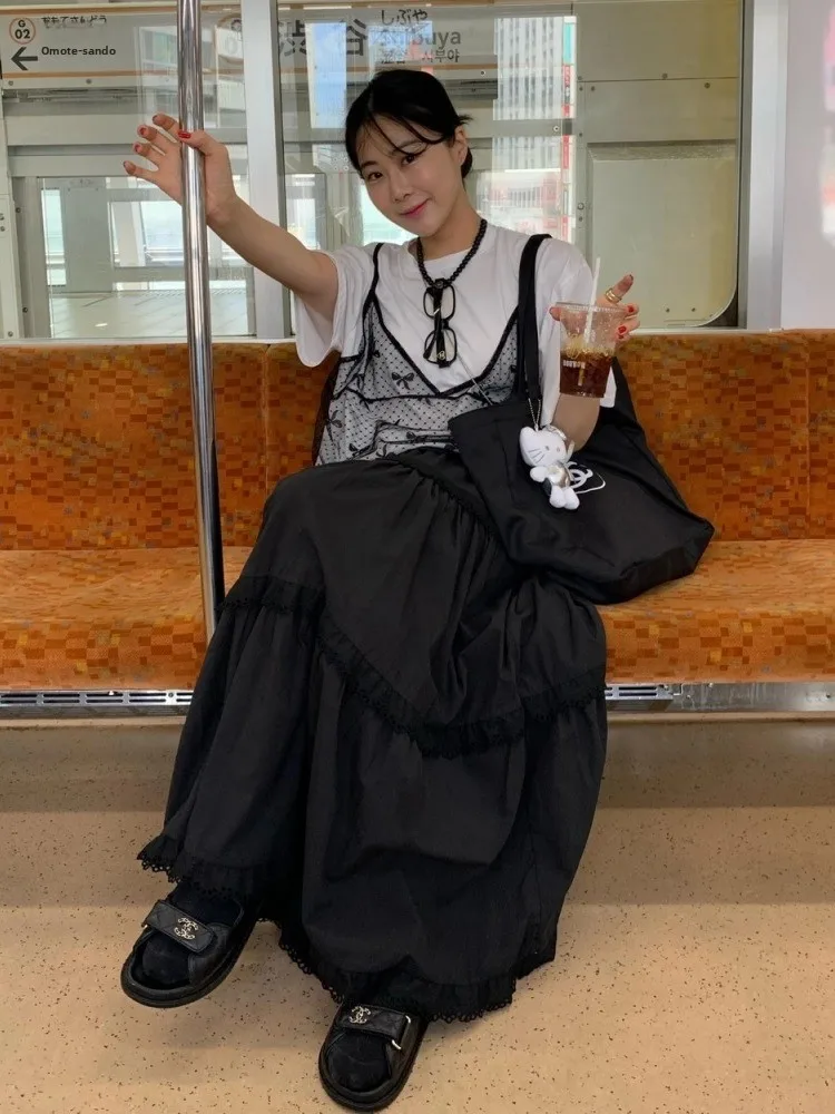 

Retro High Waist Patchwork Lace Hem Cake Long Casual Versatile Skirt Women's Commute Pure E-commerce Other Materials Skirt