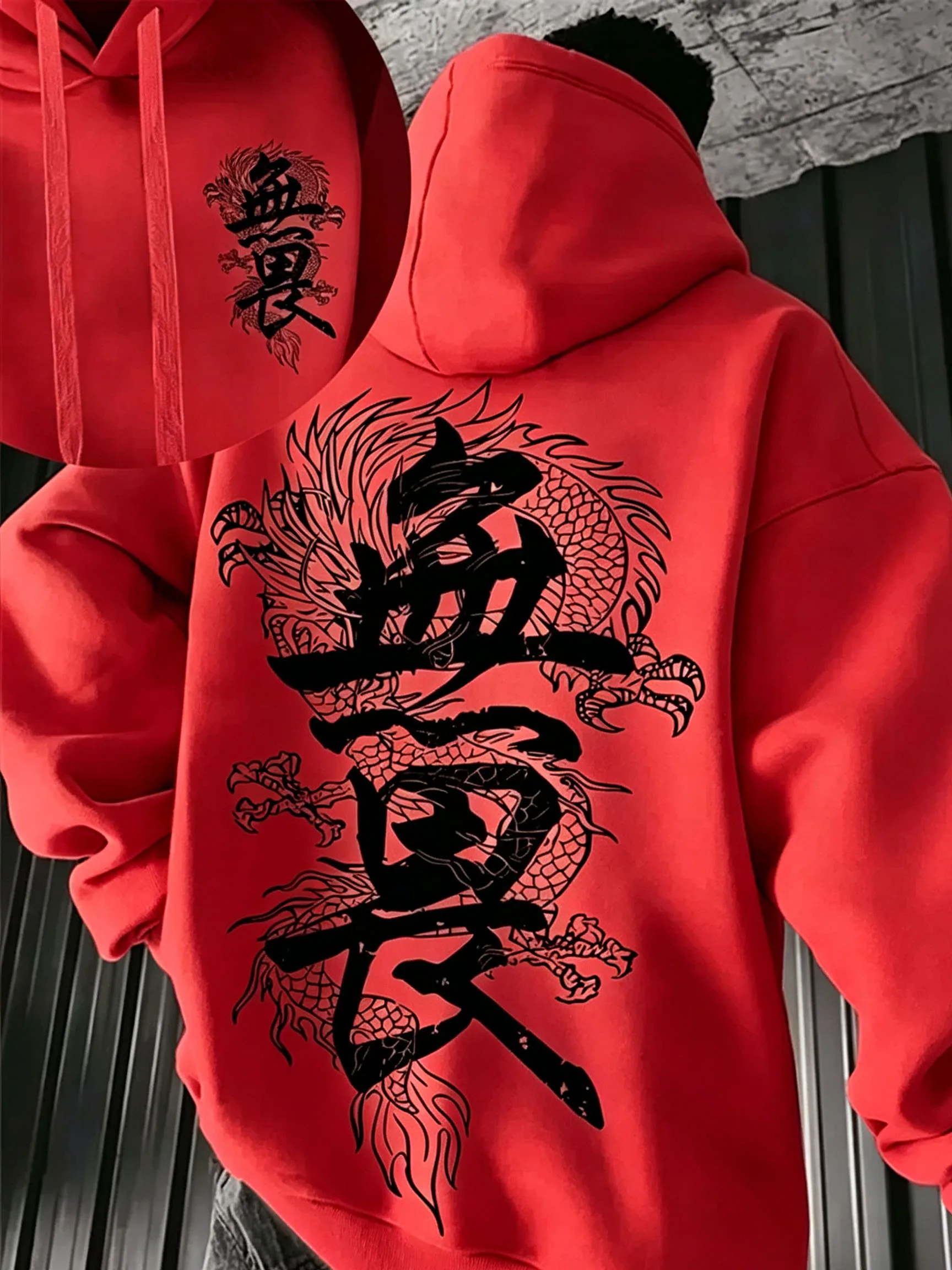 Men Dragon Fearless Kanji Graphic Hoodie Front Back Print Hooded Sweatshirt Oriental Streetwear Loose Long Sleeve Pullover Hoody