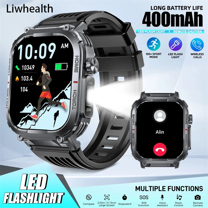 

Смарт-часы 2025 для мужчин и женщин, 3 атм, 2,02 дюйма, уличные умные часы, компас, светодиодный фонарик, спортивный фитнес-трек для здоровья для Xiaomi Huawei Iphone