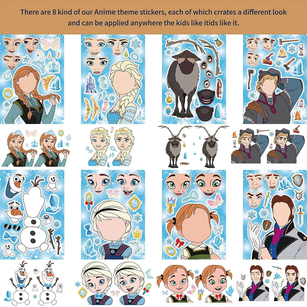 Disney Frozen Puzzle Stickers, Make a Face Create Your Own, Elsa, Olaf, Anna, Kids Toy, Montar Jigsaw, Children Party Game, 8 Sheets, 16Sheets