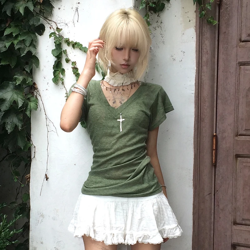 Karrram Japanese Y2k Green Knitted T-shirt Trashy 2000s Style V-neck Top Vintage Harajuku Short Sleeve Tee Shirt American Retro image 4