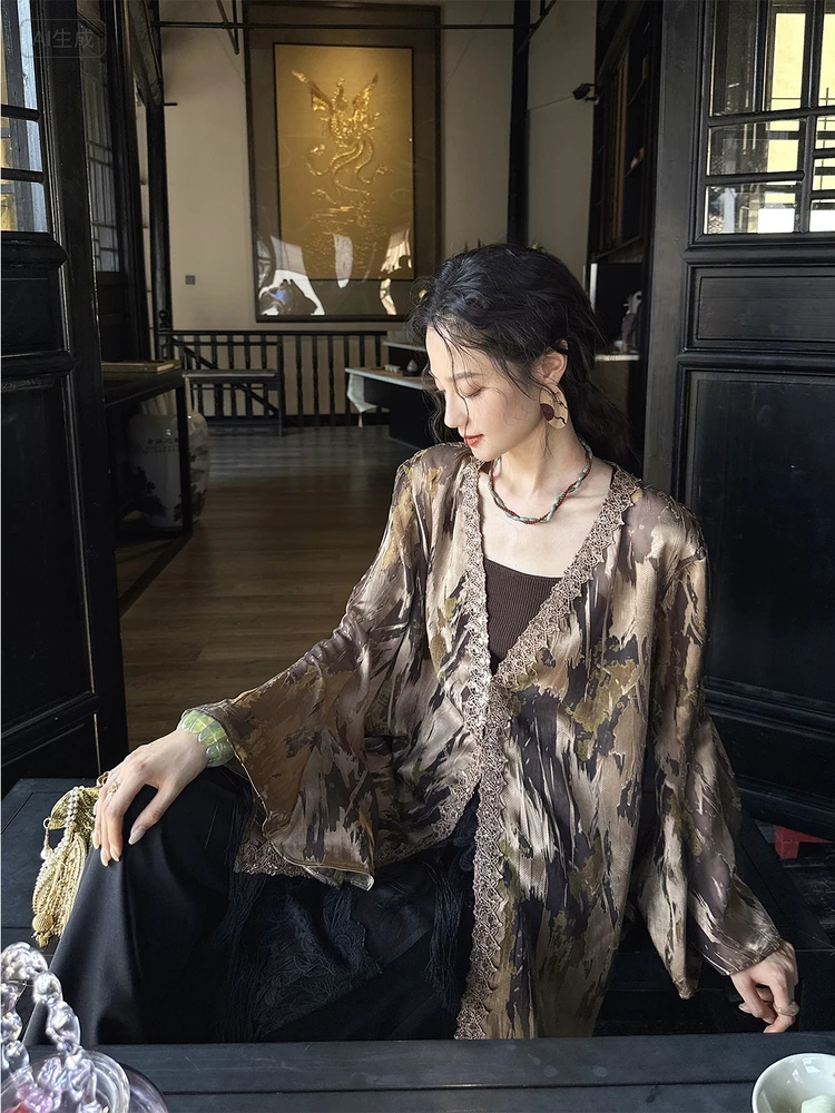 

Новая блузка Sanji Bla Flower из атласа с рюшами, длинным рукавом, премиум-класса, модель Small Capita 2025, для повседневной носки, простого свободного кроя.