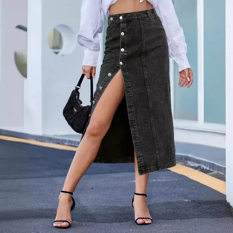 

2025 Новая модная сексуальная уличная женская юбка на пуговицах, осень-зима, элегантные джинсовые женские повседневные облегающие длинные юбки с высокой талией