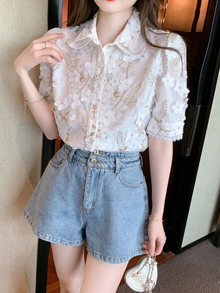 SMTHMA Summer New French Vintage Flower Embroidery Shirt Women\'s Fashion Design Elegant Lapel Short Sleeve Top