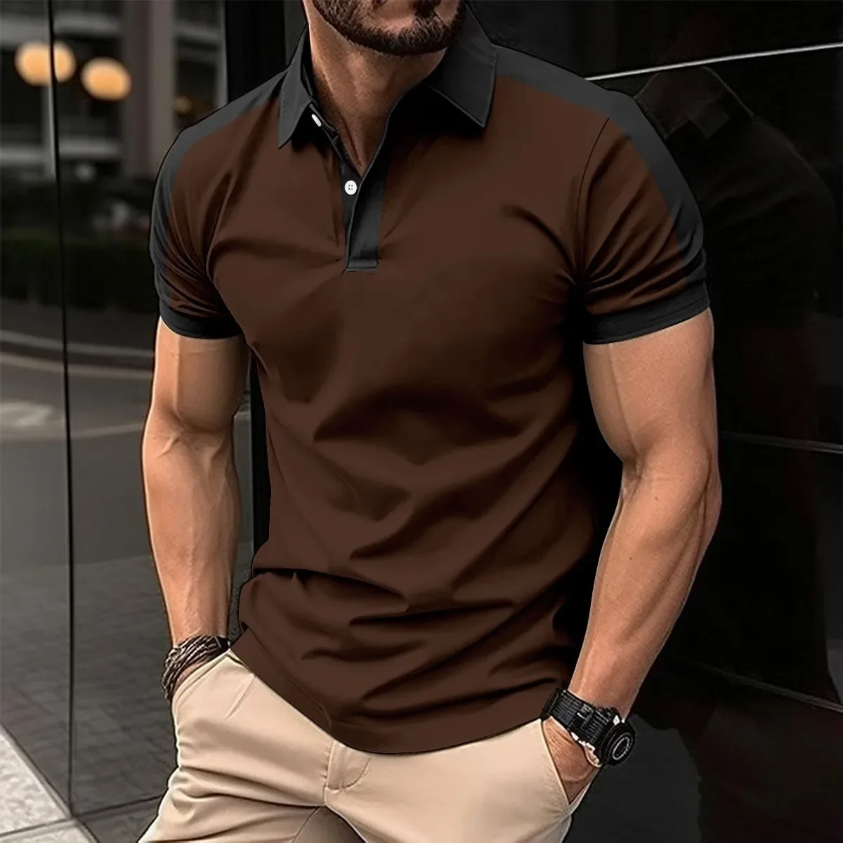 Men's Color Block Short Sleeve Polo Shirt - Contrast Collar Raglan Sleeve Casual Golf Top