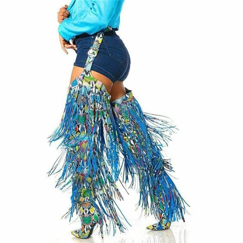 

Tassel Belted Chaps Over The Knee Boots Sexy Pointed Toe Stiletto Colorful Fringe Thigh High Long Boots Mixed Color Runway Shoes