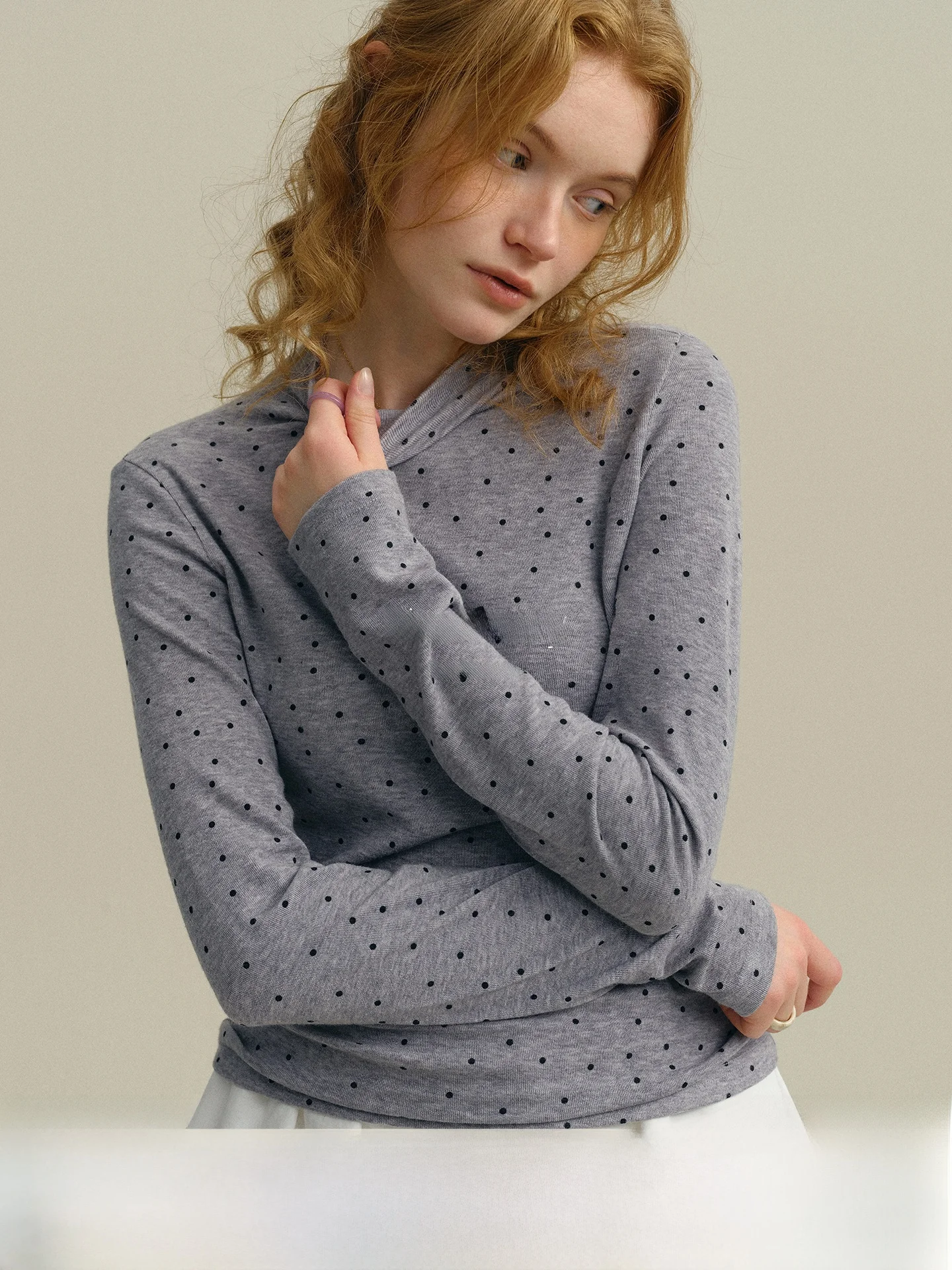 

Rina Berry Simple Polka Dot f High Collar Base irt Versatile Autumn Winter Layering Basic T-irt Casual Sle Universal...