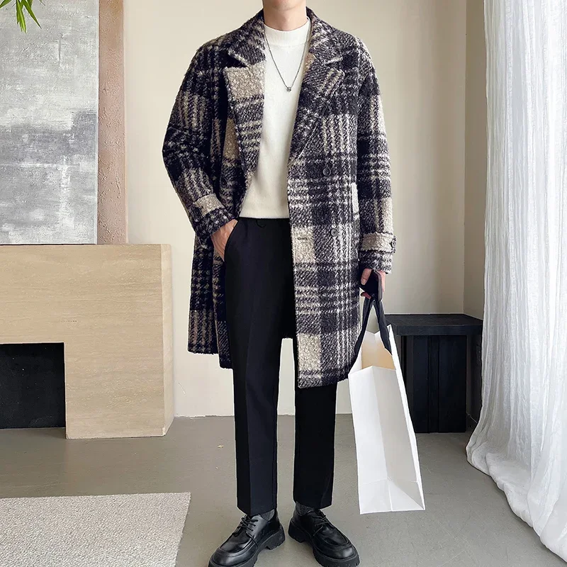 Men Winter Quilted Thicken Woolen Loose Casual Plaid Loose Casual Long Trench Coat Korean Streetwear Campus Boy Outerwear Jacket