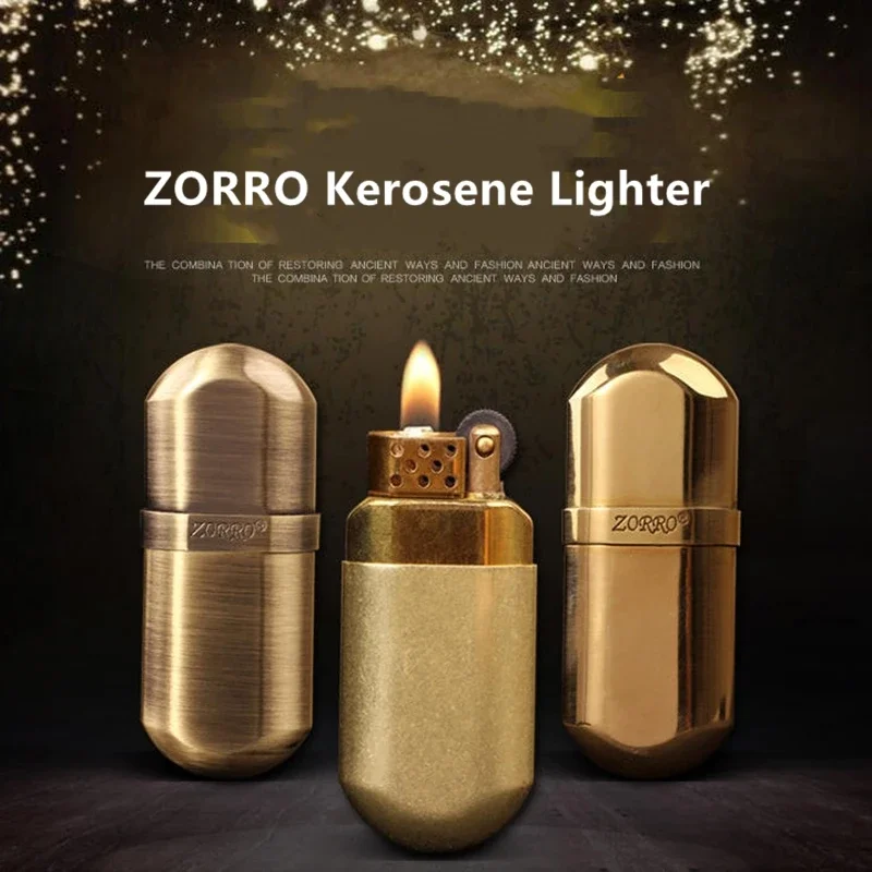 ZORRO Retro Brass Kerosene Lighter Gasoline Metal Windproof Grinding Wheel Portable Lighter Smoking Accessories Men\'s Tools