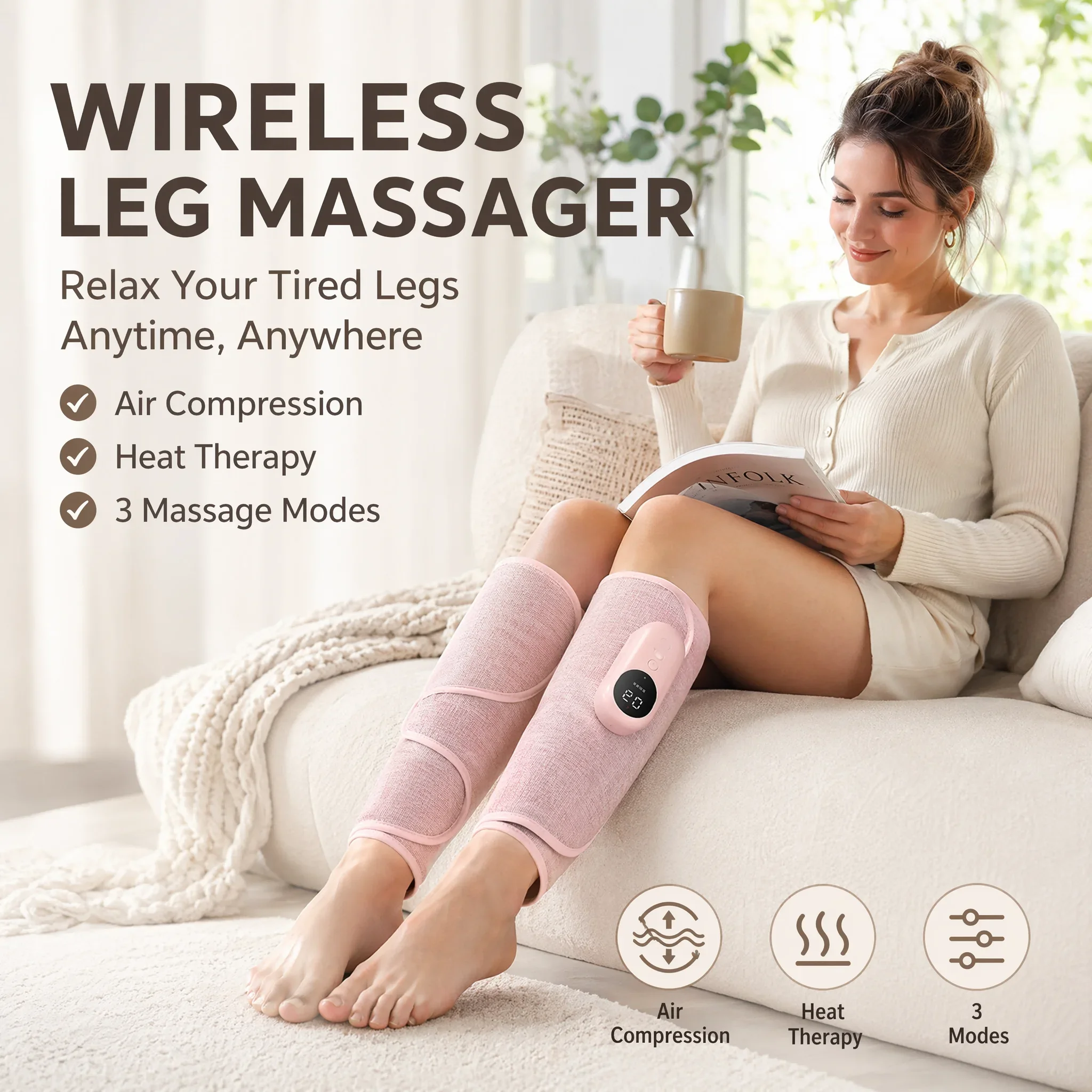 Wireless Electric Leg Massager Air Compression Calf Wrap with Heat Therapy, 3 Modes Massage for Muscle Relaxation and Recovery