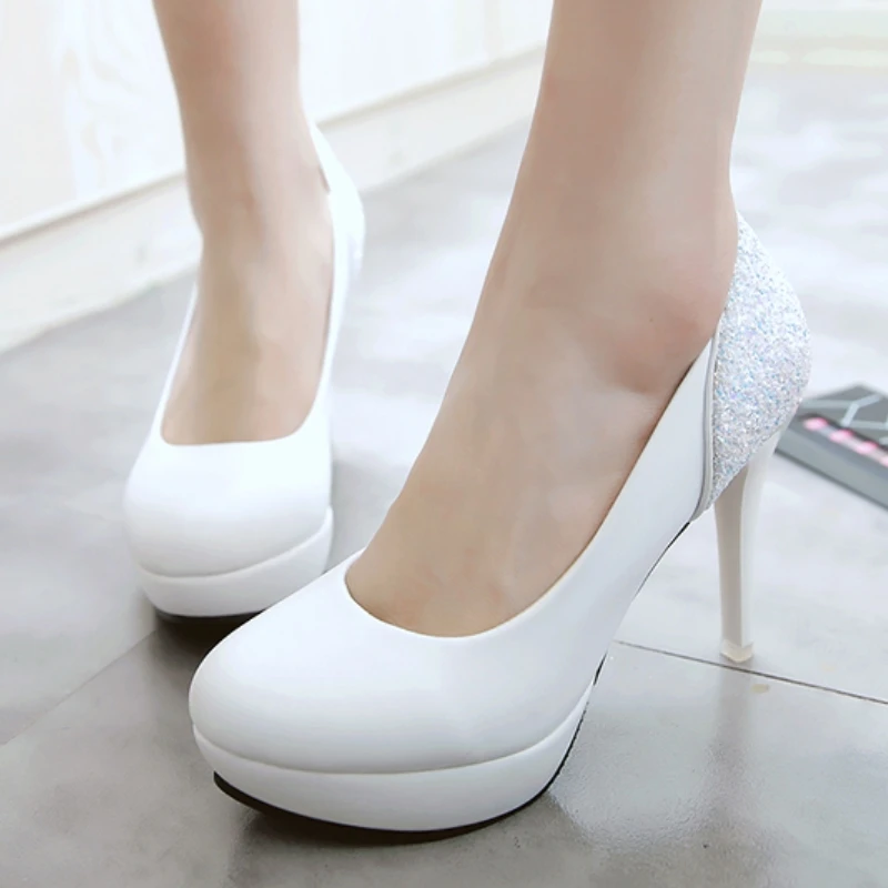 Platform High Heels Women's Pumps Shoes Fashion Round toe White Pink Black Heeled Wedding Party Office Shoes Lady Large Size 45