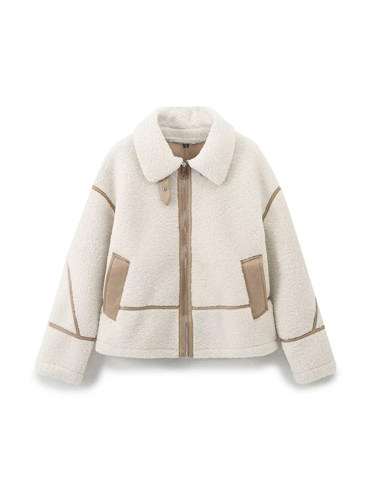 

European style new women's fashion, versatile and stylish, loose-fitting fleece double-sided long-sleeved lapel jacket.
